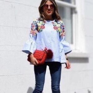 Zara Light Blue Blouse with Floral Embroidery Sz S